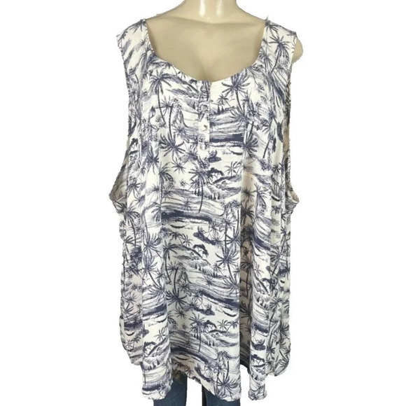 Torrid Plus 5 Navy Toile Island Print Rayon Scoop Button Neckline Sleeveless Top - Picture 2 of 6